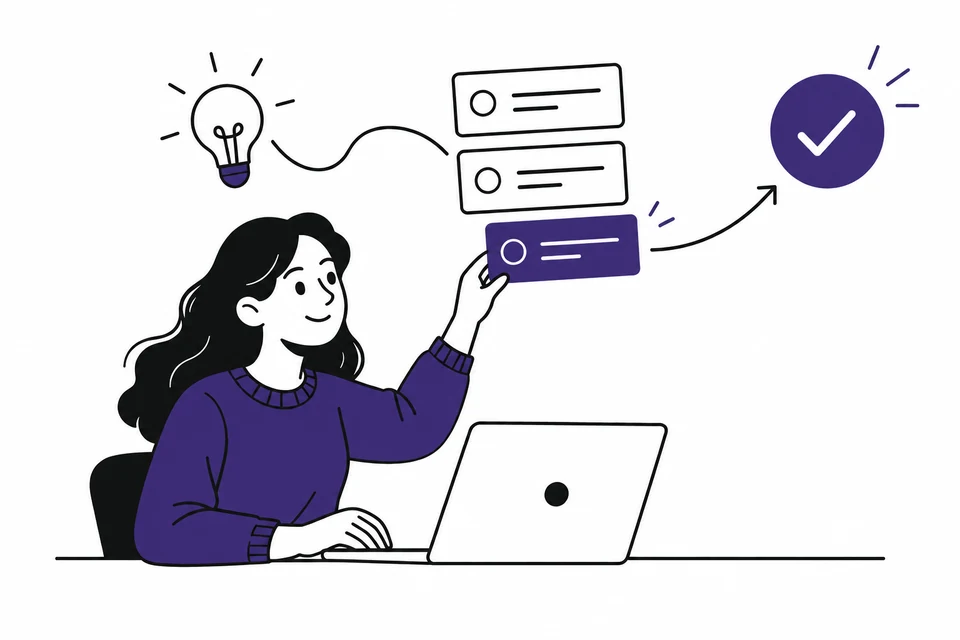 A woman at her laptop turning an idea into tasks and completed work
